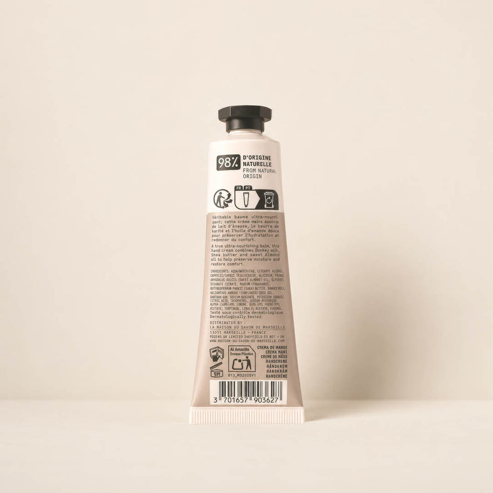 Foto de producto (vista trasera) de la crema de manos ultranutritiva con leche de burra – 30 ml | La Maison du Savon de Marseille