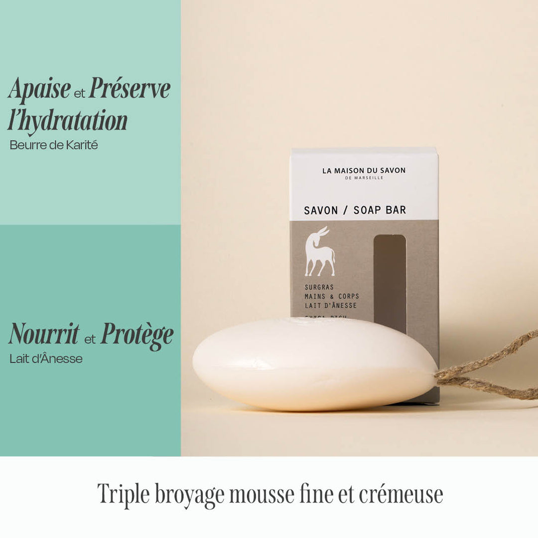 Bienfaits Savon Surgras au Lait d'Ânesse - 175 g | La Maison du Savon de Marseille