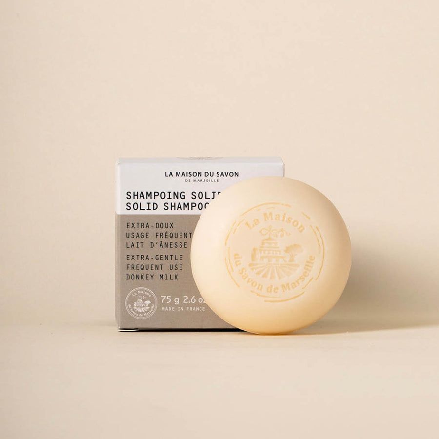 Product shot featuring the Extra-Gentle Solid Shampoo with Donkey Milk – 75 g | La Maison du Savon de Marseille