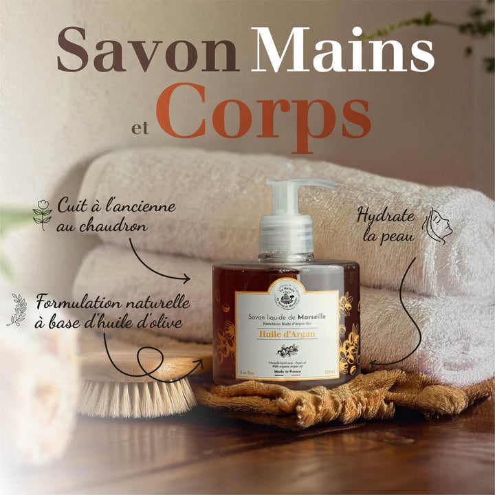 Savon de Marseille liquide à l'huile d'argan 330ml pour mains et corps