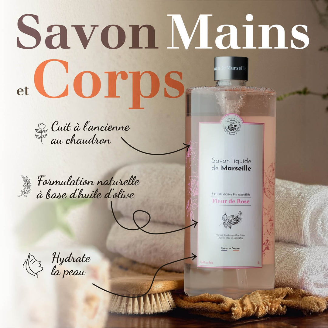 Flüssigseife aus Marseille mit Rosenduft Format 1L