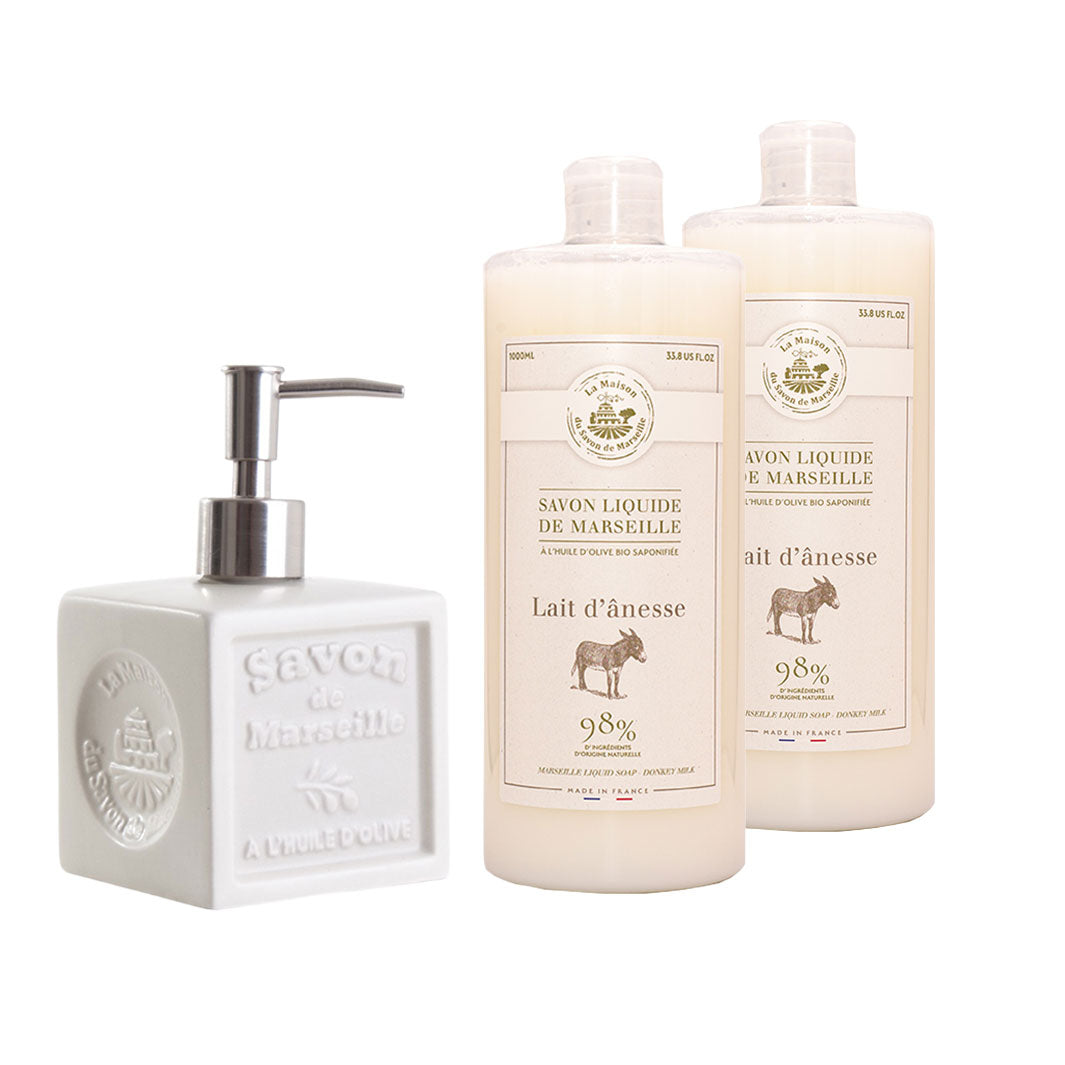 Liquid Marseille Soap Cube Dispenser - Ivory + 2 Liquid Marseille Soap Refills - Donkey Milk 1l
