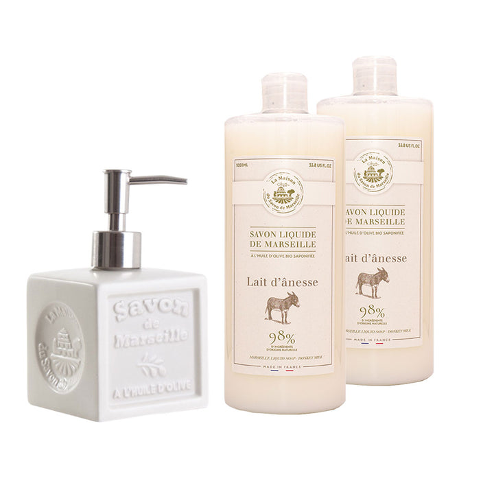 Liquid Marseille Soap Cube Dispenser - Ivory + 2 Liquid Marseille Soap Refills - Donkey Milk 1l