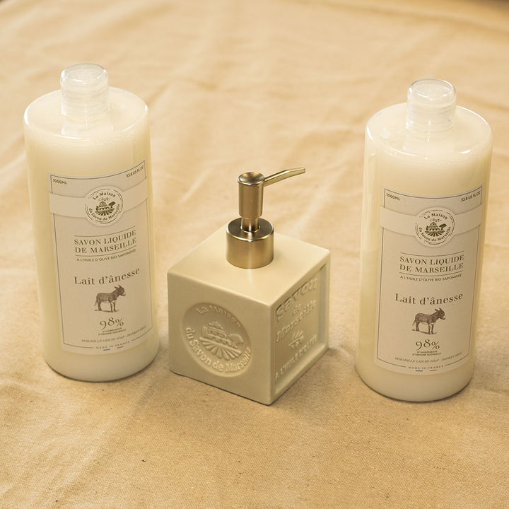 Liquid Marseille Soap Cube Dispenser - Ivory + 2 Liquid Marseille Soap Refills - Donkey Milk 1l