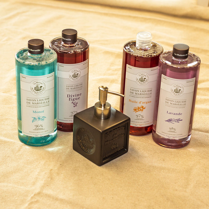 Liquid Marseille soap cube dispenser - Black + 4 refills of 1L liquid Marseille soap: Argan oil, Lavender, Fig, Monoï