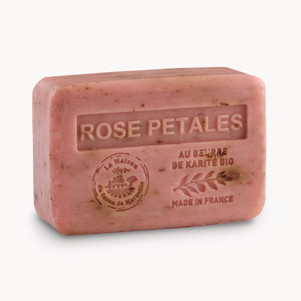 Rose-scented exfoliating solid soap - With organic shea butter 250g (filmed)
