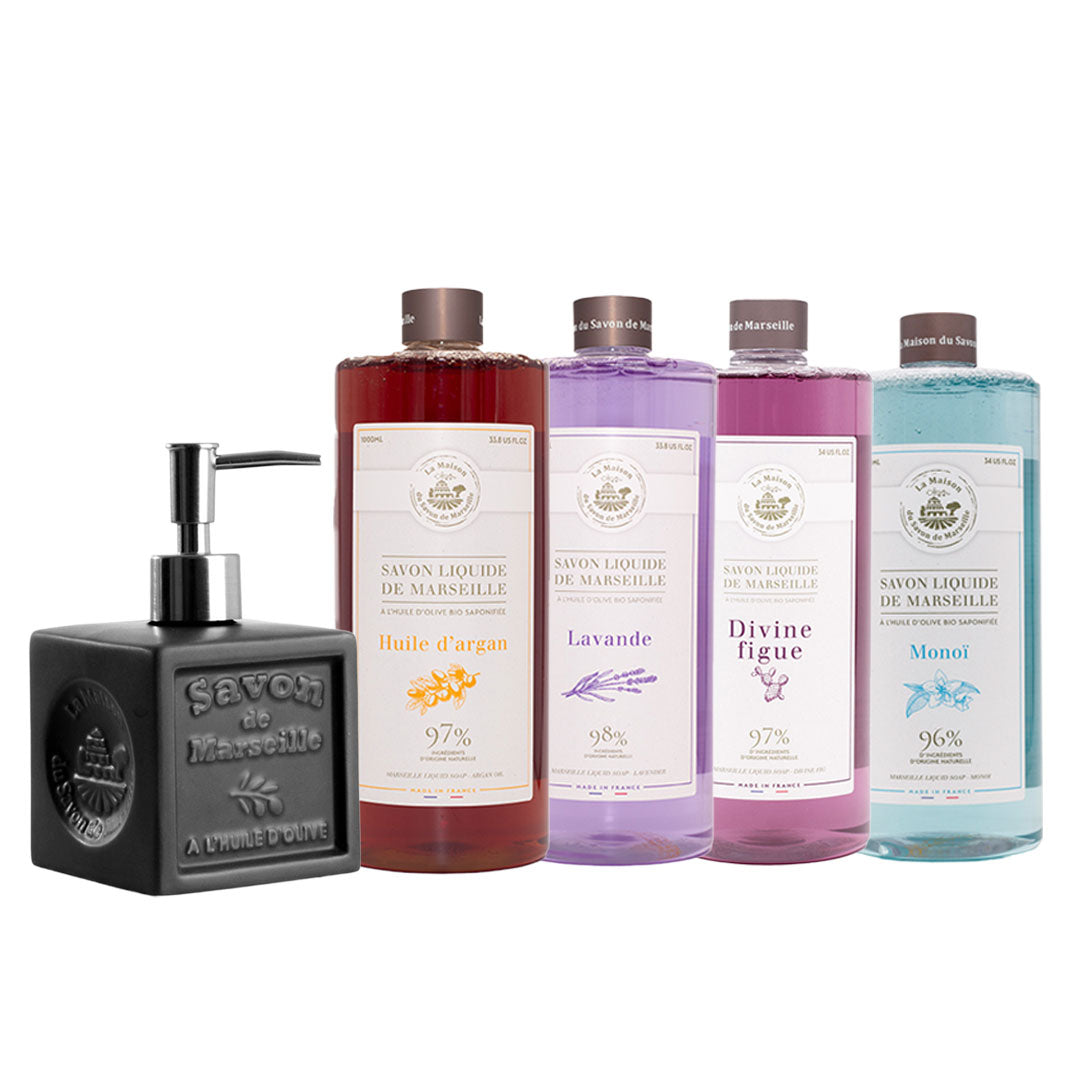 Dosificador de jabón líquido de Marsella - Negro + 4 recambios de jabón líquido de Marsella de 1L: Aceite de Argán, Lavanda, Higo, Monoï