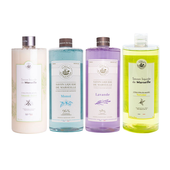 Lote de 4 recambios de jabón de Marsella líquido de 1 L: Almendra dulce, Lavanda, Monoï, Verbena
