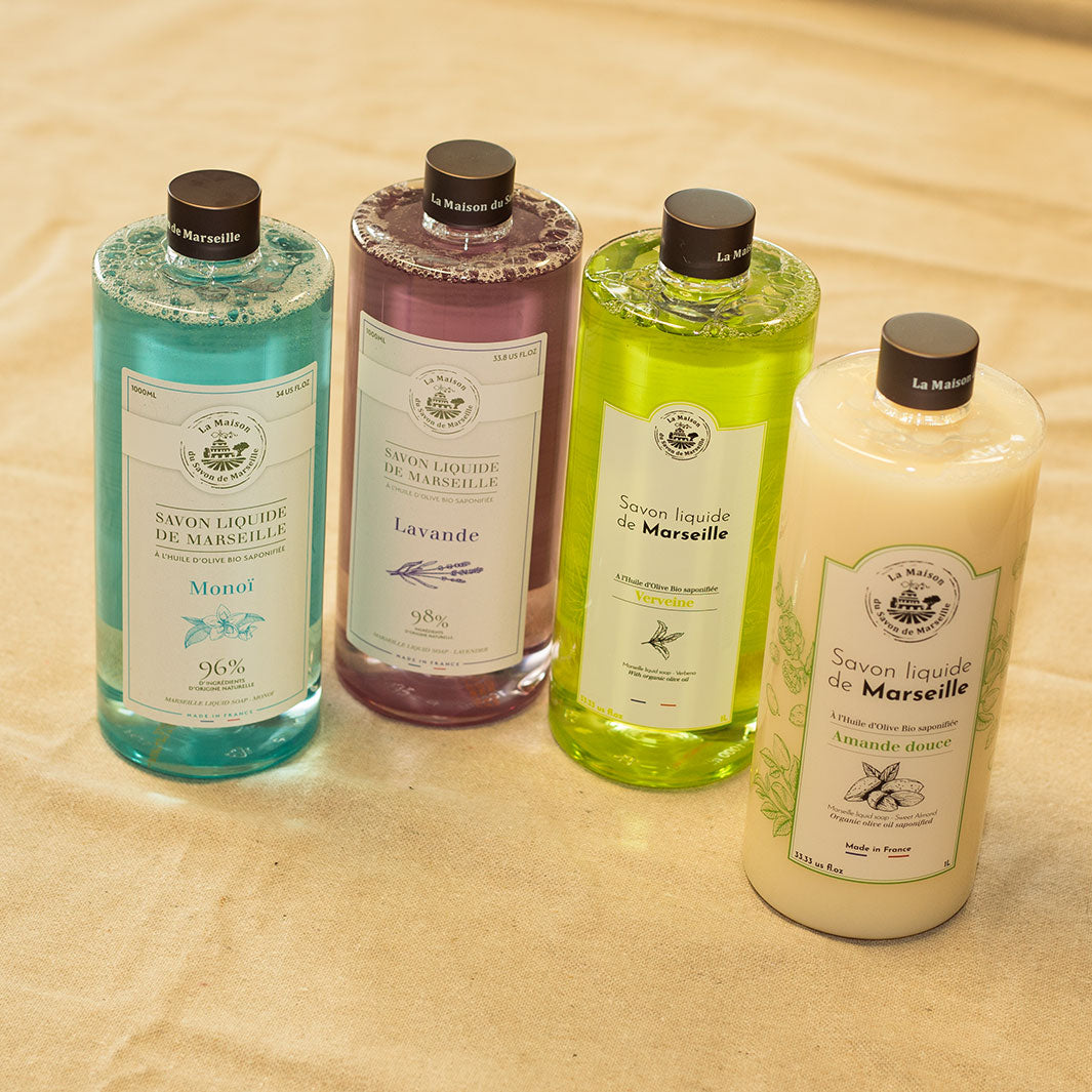Lote de 4 recambios de jabón de Marsella líquido de 1 L: Almendra dulce, Lavanda, Monoï, Verbena