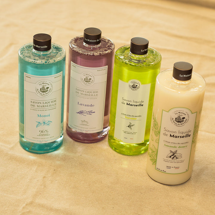 Lote de 4 recambios de jabón de Marsella líquido de 1 L: Almendra dulce, Lavanda, Monoï, Verbena
